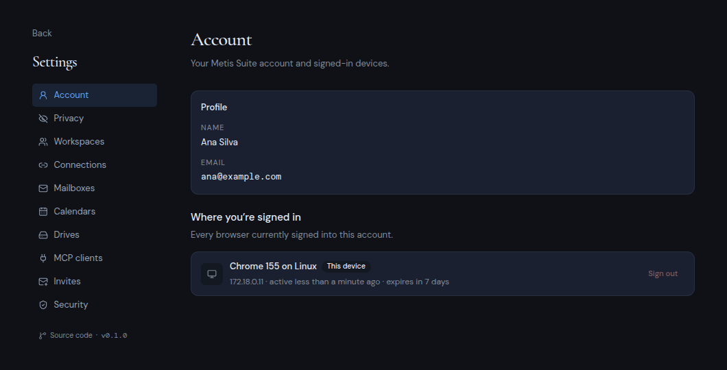 The Account settings page with your profile and the list of signed-in browsers