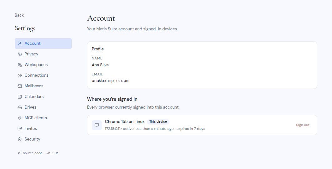 The Account settings page with your profile and the list of signed-in browsers