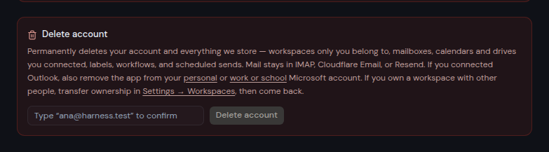 The red Delete account card at the bottom of the Security settings page
