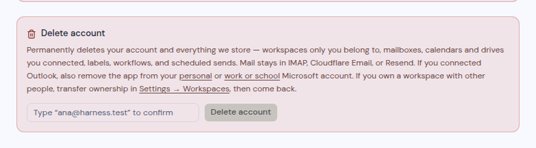 The red Delete account card at the bottom of the Security settings page