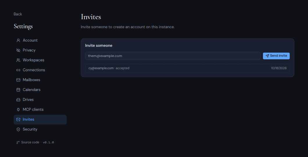 The Invites settings page with the Invite someone card and a list of invites