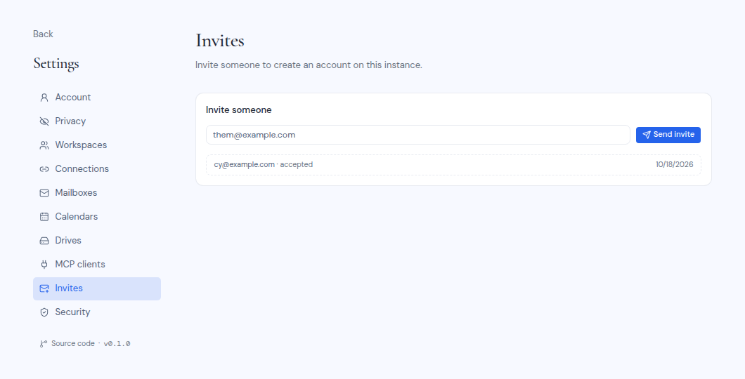 The Invites settings page with the Invite someone card and a list of invites