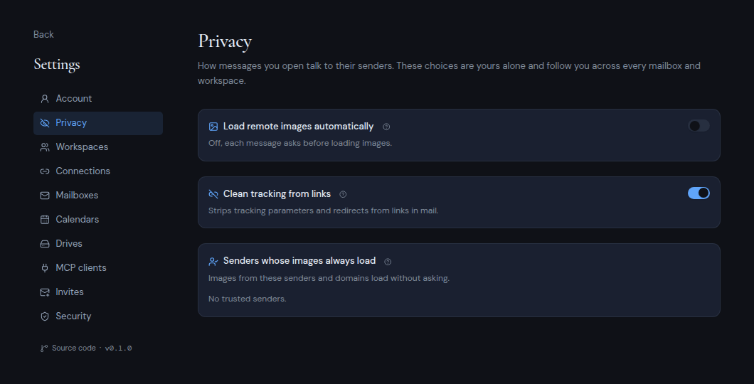 The Privacy settings page with switches for remote images and link cleaning