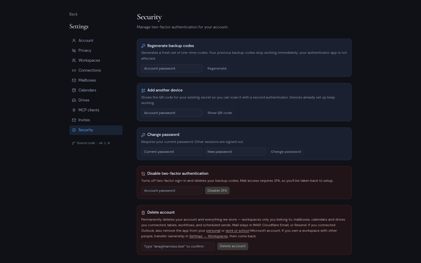 The Security settings page with its two-factor, password and account cards