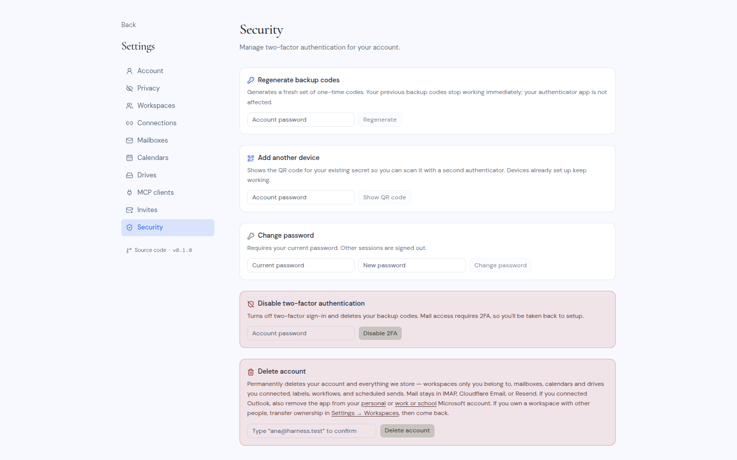 The Security settings page with its two-factor, password and account cards