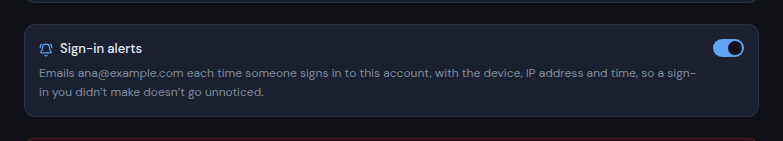The Sign-in alerts card with its switch turned on