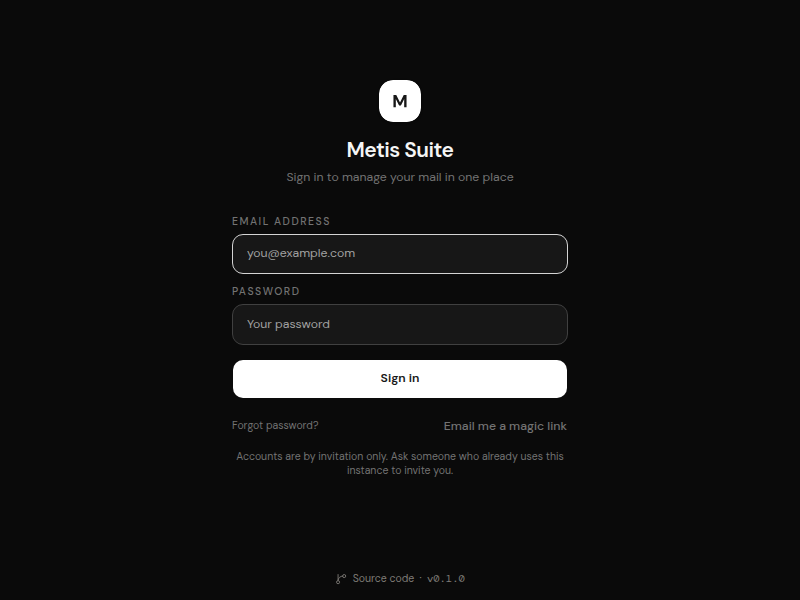 The Metis Suite sign-in page with email and password fields