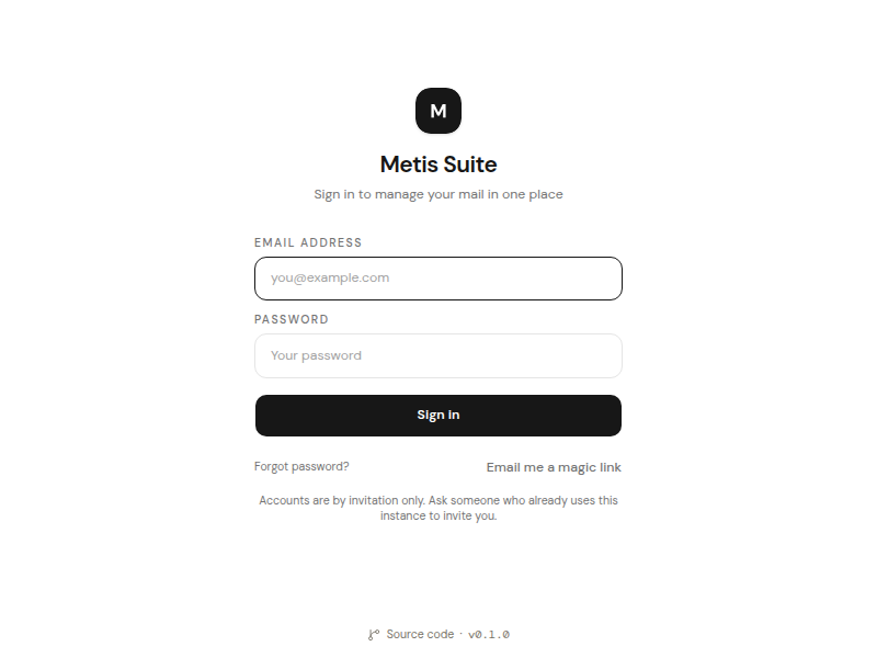 The Metis Suite sign-in page with email and password fields