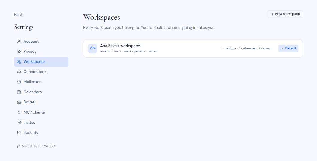 The workspaces settings page, with the default workspace marked