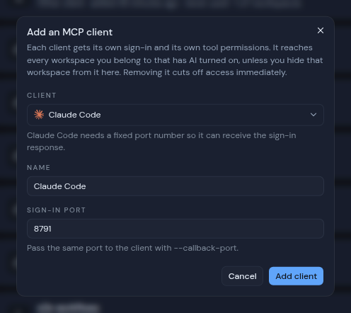 The Add an MCP client dialog