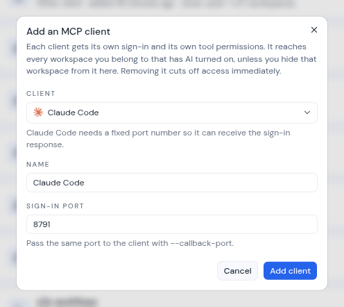 The Add an MCP client dialog