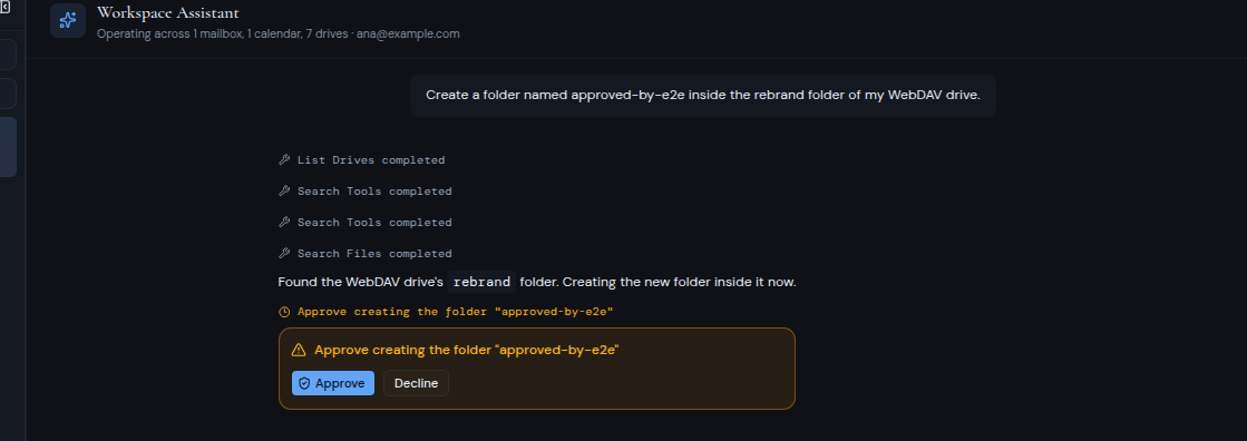 An approval card in the assistant with Approve and Decline buttons