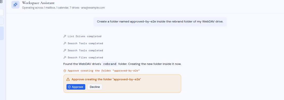 An approval card in the assistant with Approve and Decline buttons