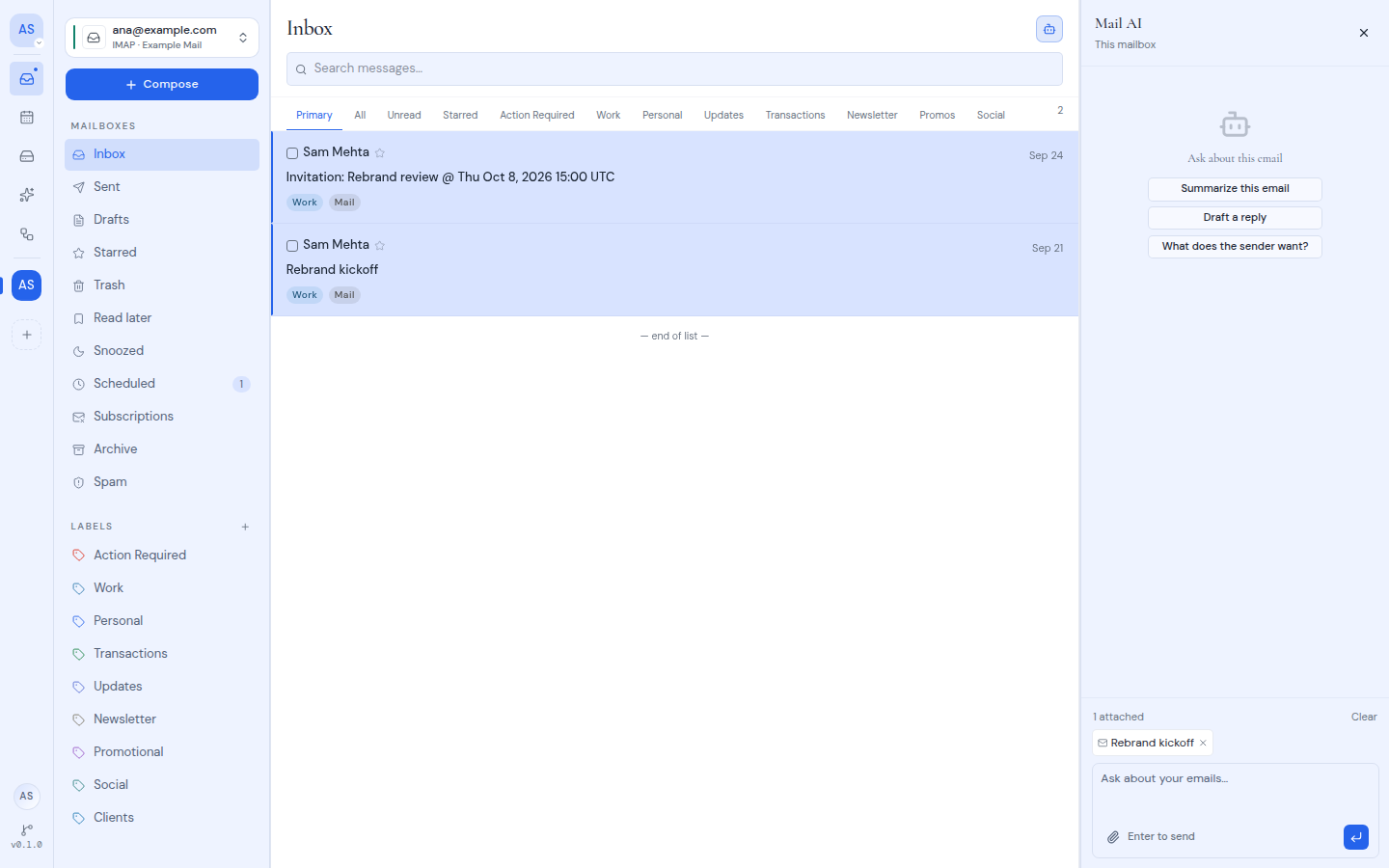 The Mail AI panel beside the inbox, with one email attached