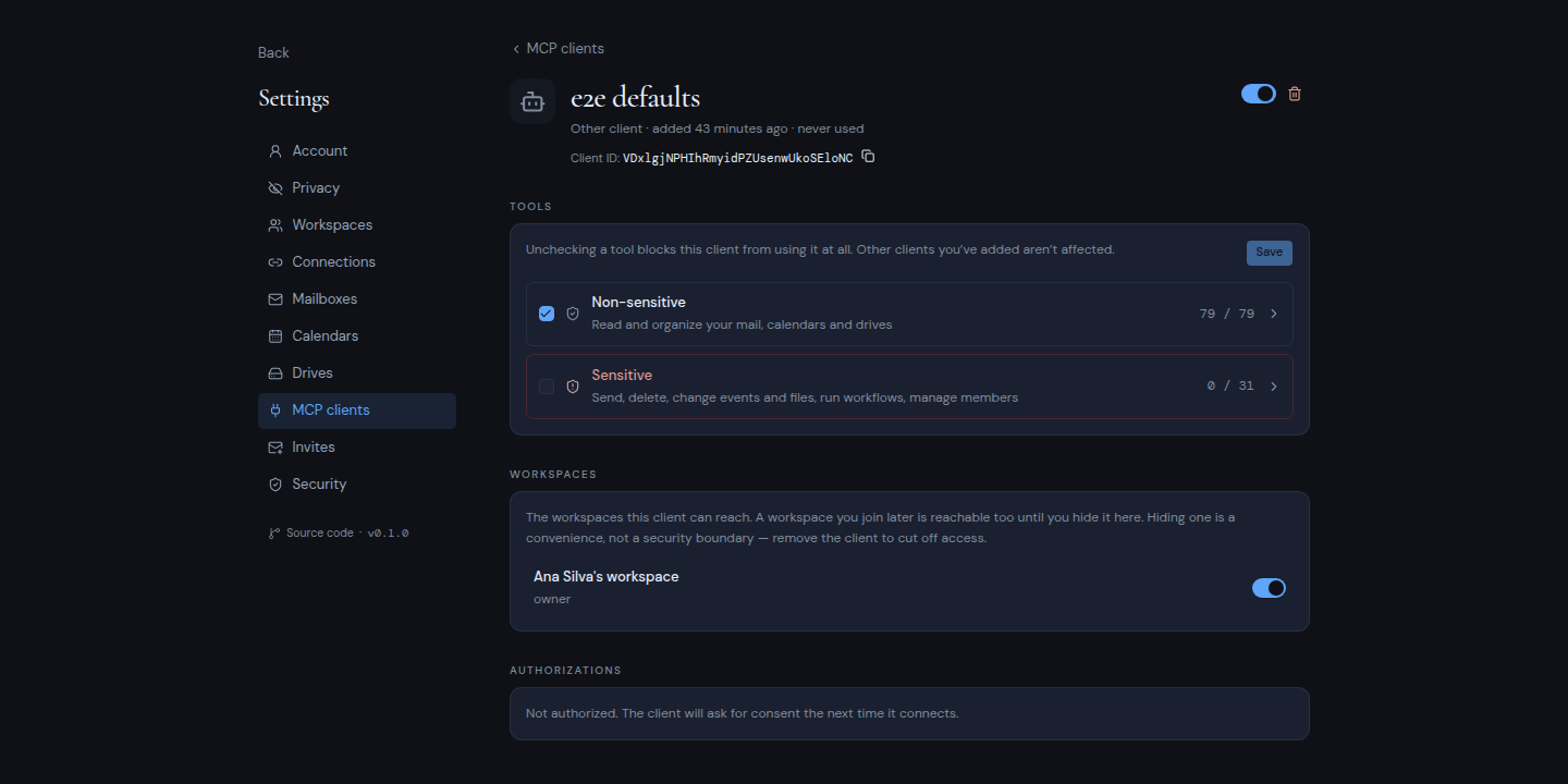 An MCP client's page with its client ID and the Tools section
