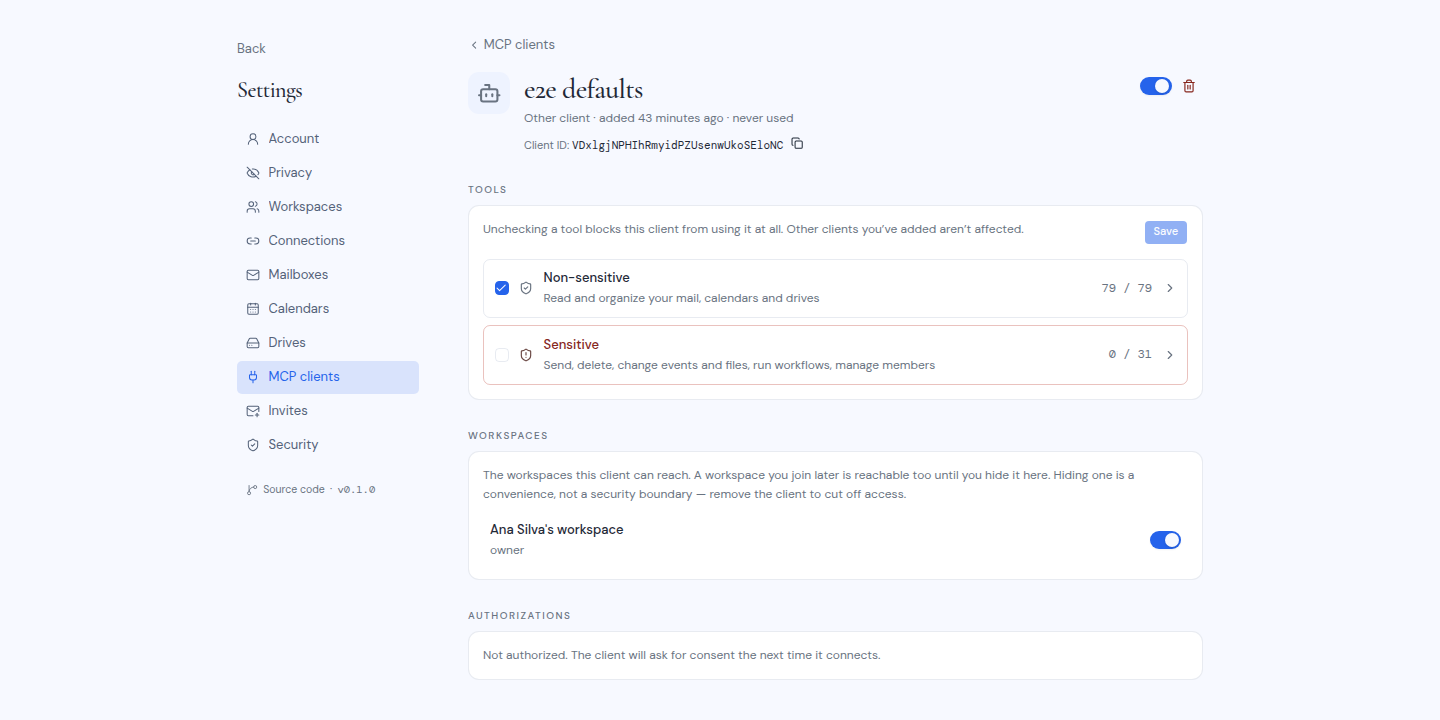 An MCP client's page with its client ID and the Tools section