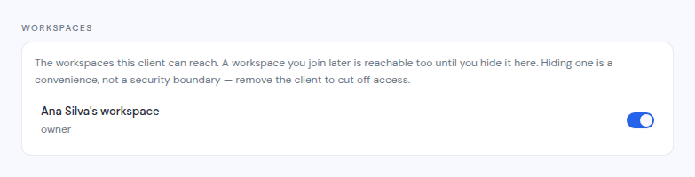 The Workspaces section of an MCP client, with a switch per workspace