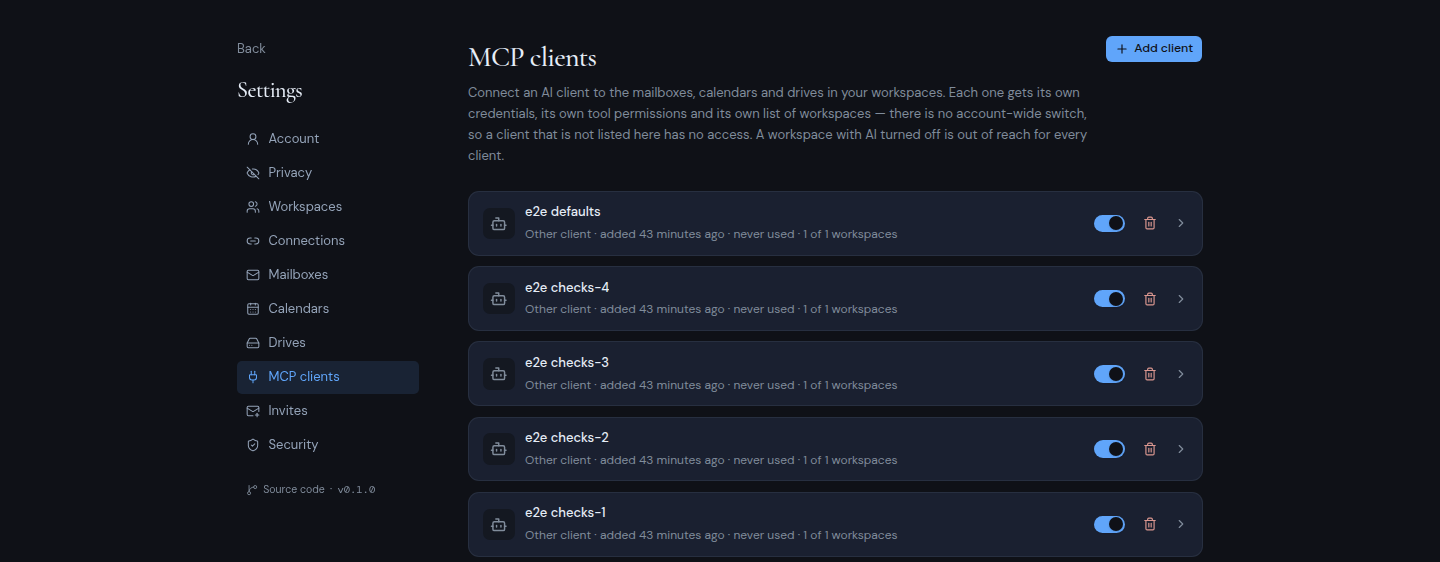 The MCP clients settings page