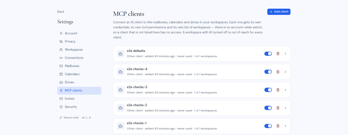 The MCP clients settings page
