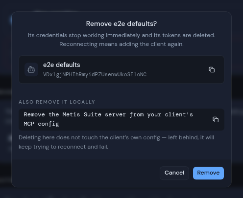 The Remove dialog with the client ID and the Also remove it locally step