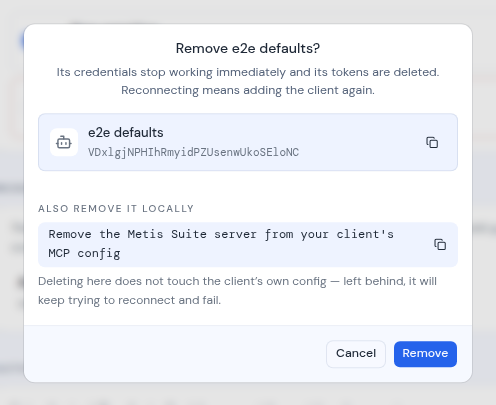The Remove dialog with the client ID and the Also remove it locally step