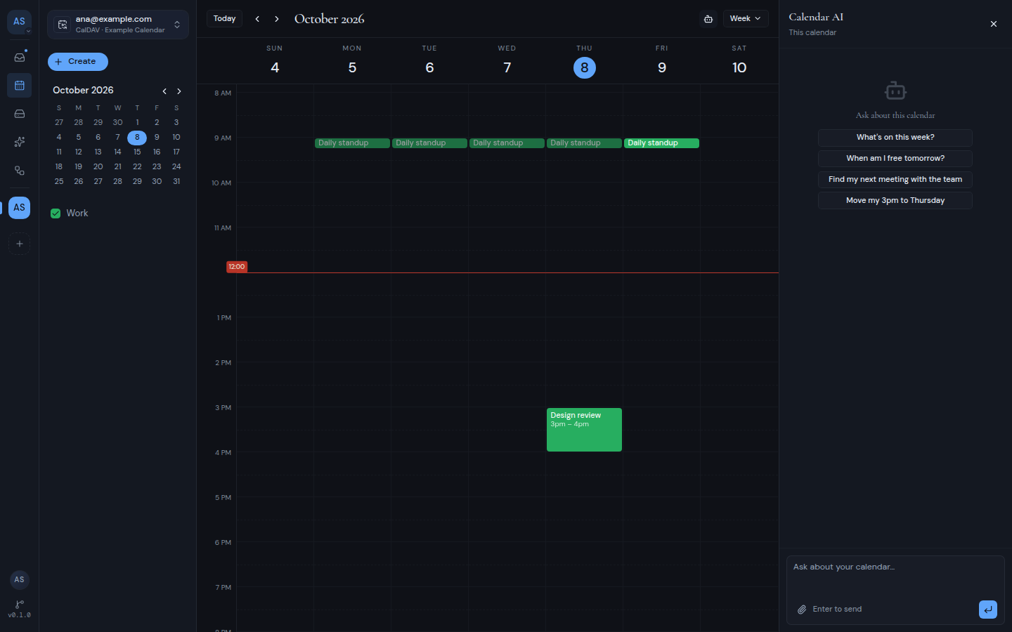 The calendar with the Calendar AI panel open on the right