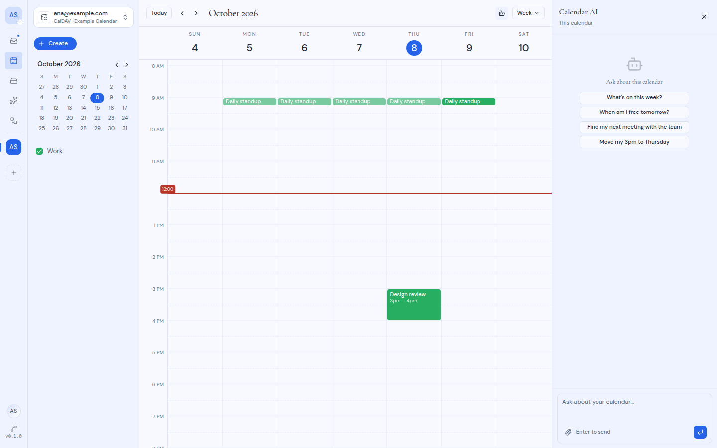 The calendar with the Calendar AI panel open on the right