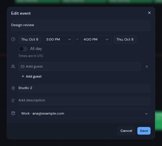 The Edit event dialog with the event's details filled in