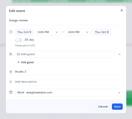 The Edit event dialog with the event's details filled in