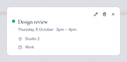The details of an event, with its title, time, location and calendar