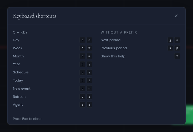 The Keyboard shortcuts help for the calendar