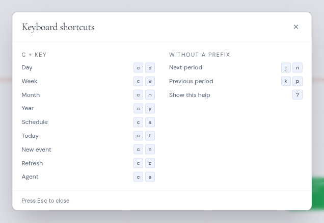 The Keyboard shortcuts help for the calendar