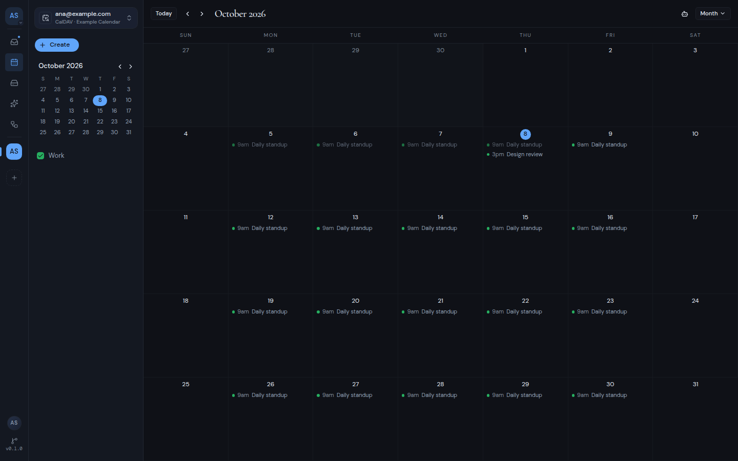 The calendar in Month view, with events listed in each day