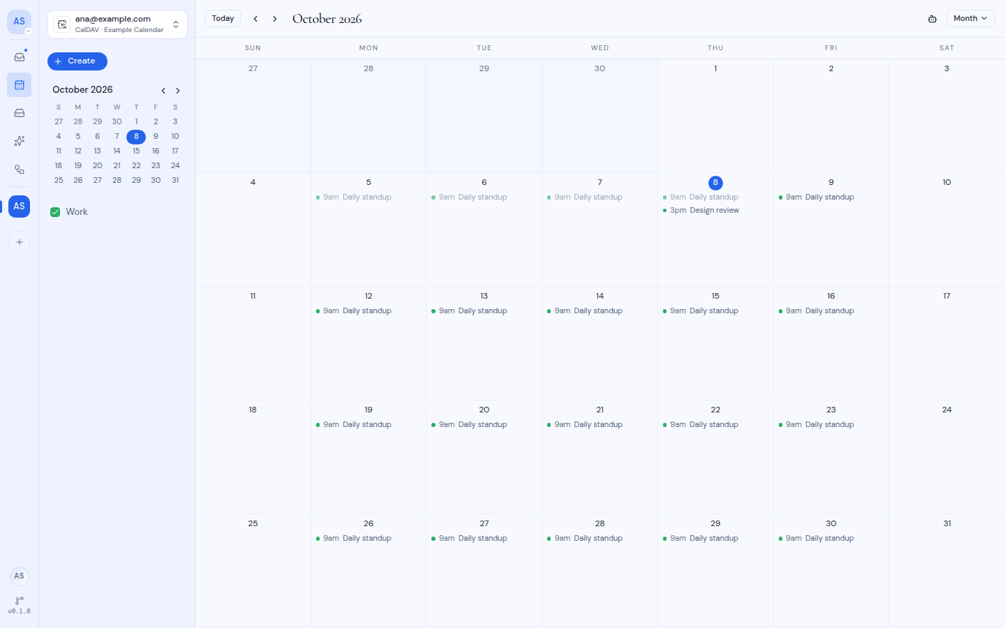 The calendar in Month view, with events listed in each day