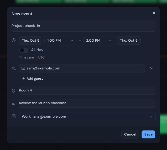 The New event dialog with a title, a guest, a location and a description filled in