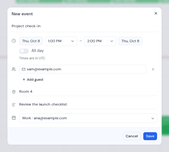 The New event dialog with a title, a guest, a location and a description filled in