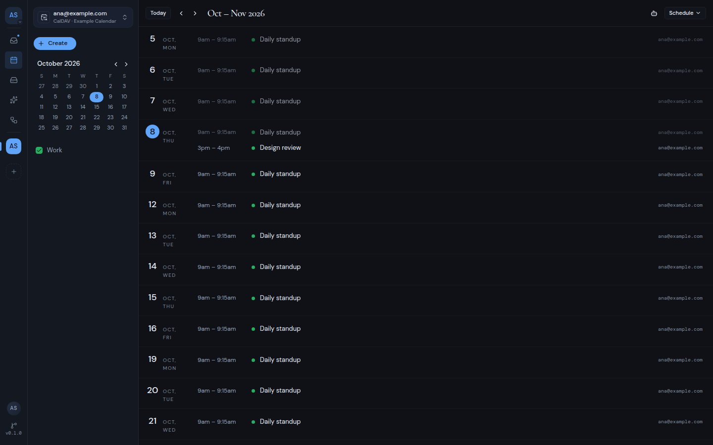 The calendar in Schedule view, listing events day by day