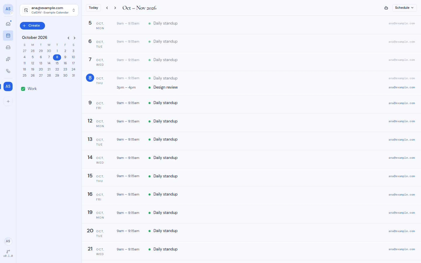 The calendar in Schedule view, listing events day by day
