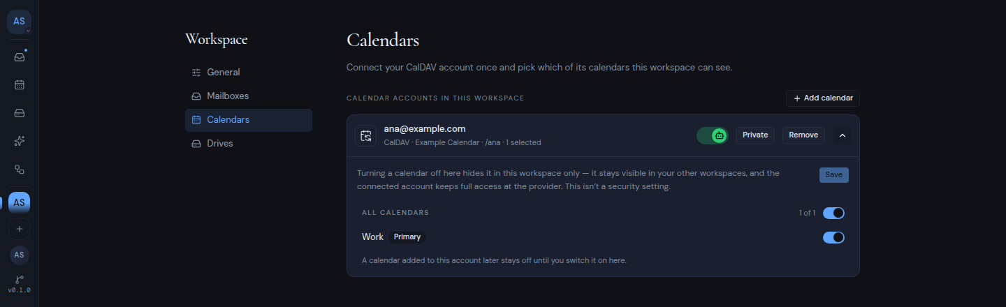The workspace calendar settings with one account's calendars listed and switched on or off