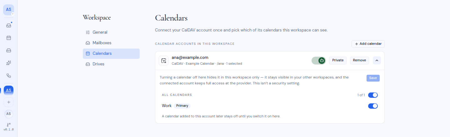 The workspace calendar settings with one account's calendars listed and switched on or off