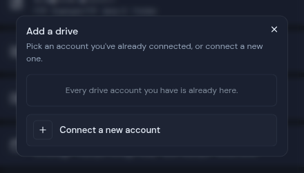 The Add a drive dialog, with Connect a new account at the bottom
