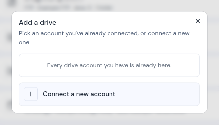 The Add a drive dialog, with Connect a new account at the bottom