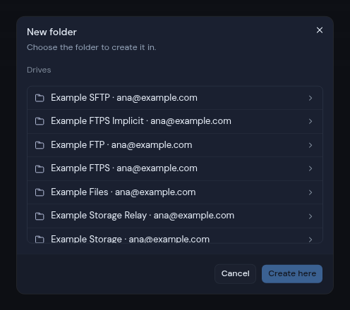 The New folder dialog asking which folder to create it in, starting at the list of drives
