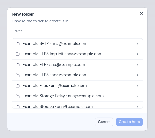 The New folder dialog asking which folder to create it in, starting at the list of drives