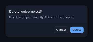 The delete confirmation for a file on a storage server, saying it is deleted permanently