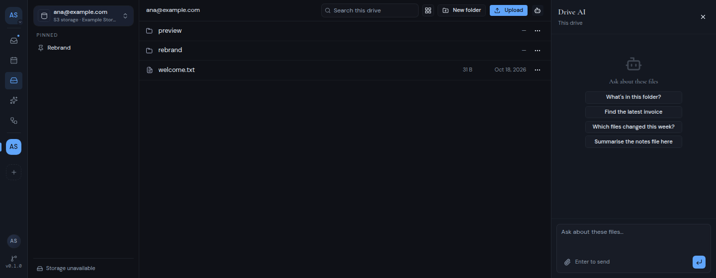 The Drive AI panel open beside the files, with suggested questions