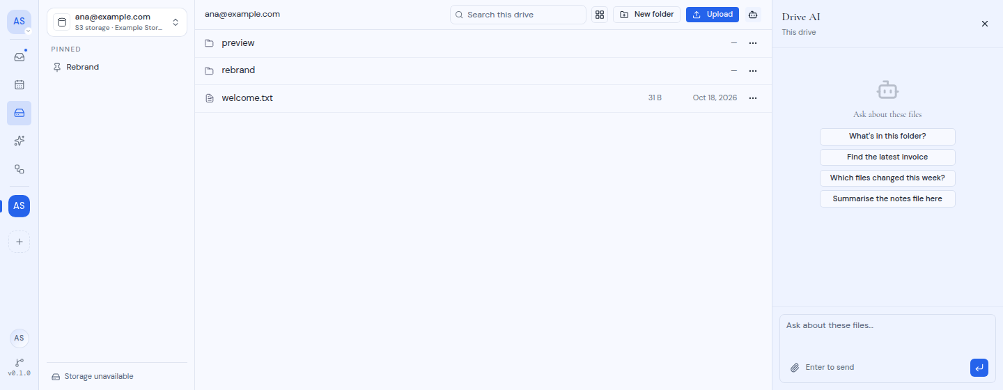 The Drive AI panel open beside the files, with suggested questions