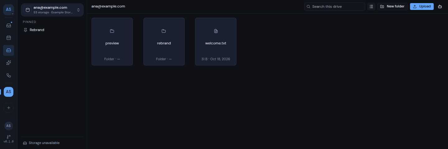 The same drive in grid view, with a card for each folder and file
