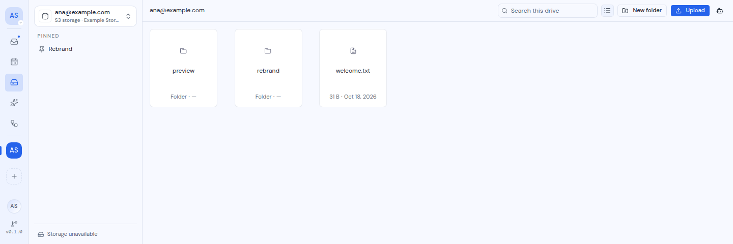 The same drive in grid view, with a card for each folder and file