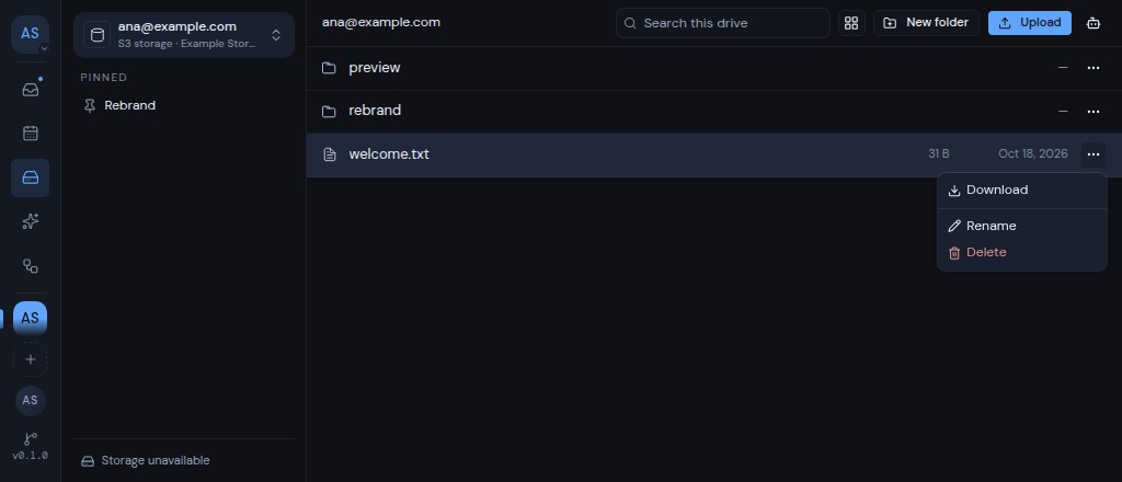 The actions menu for a file, with Download, Rename and Delete